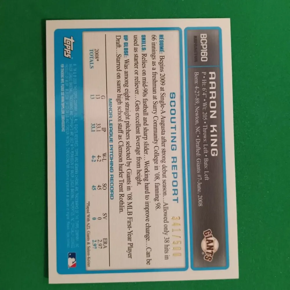 Aaron King  #BCP160 Topps 1st Bowman Chrome Refractor 2009 SSP #/500